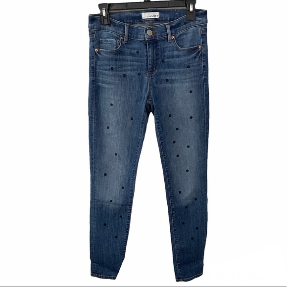 LOFT Modern Skinny Blue Jeans With Black Polka Dots Size 27/4 - Picture 1 of 6